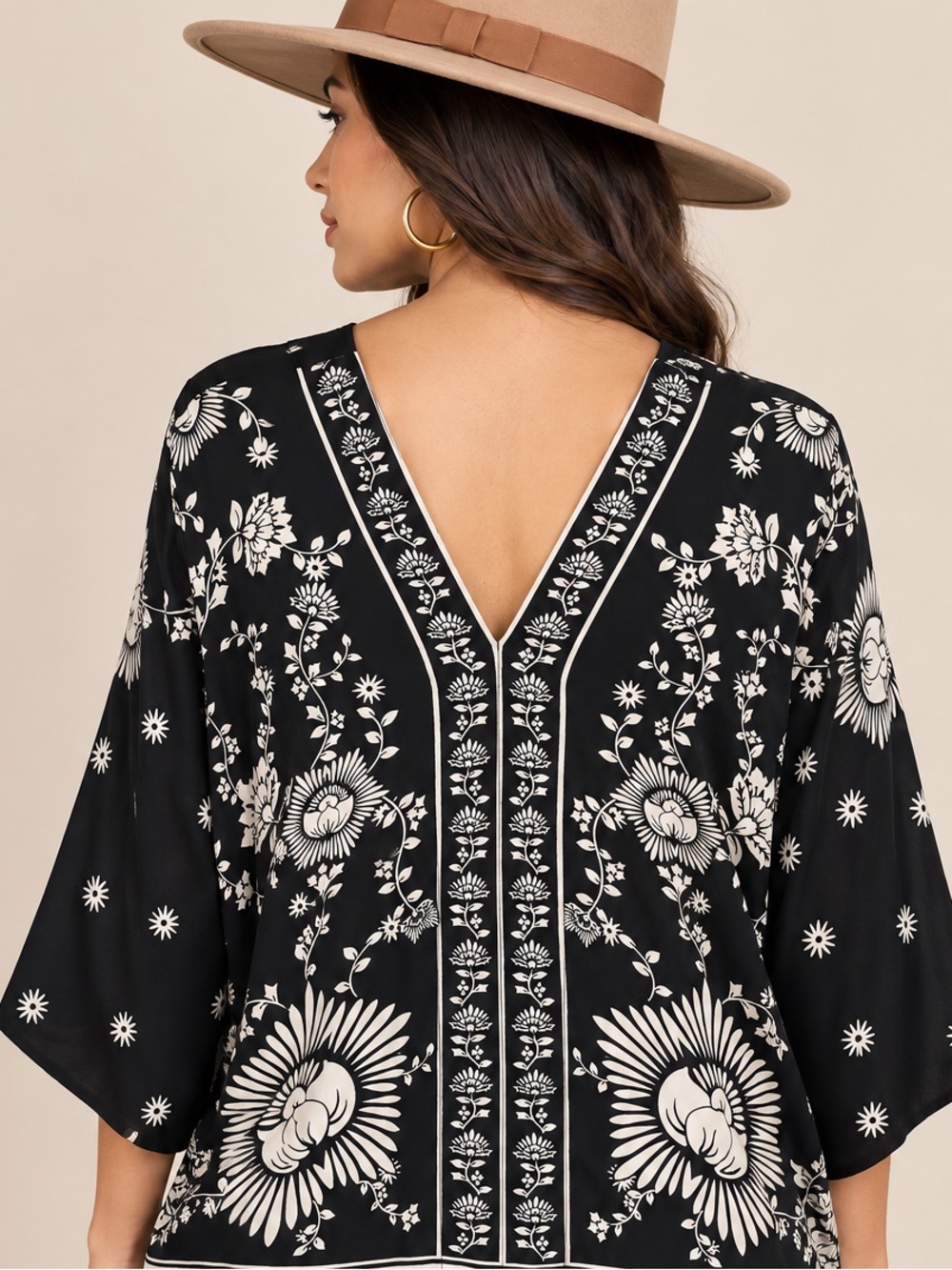 Rose & Olive Black and Cream Floral V-Neck Boho Blouse - Picture 4 of 8